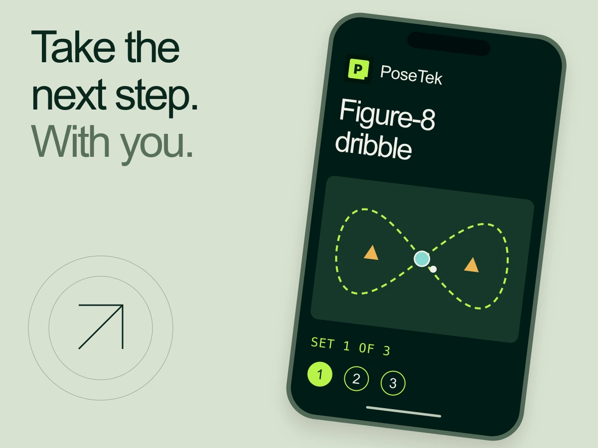 A bespoke PoseTek phone illustration featuring the existing Figure-8 drill route and its three sample sets.